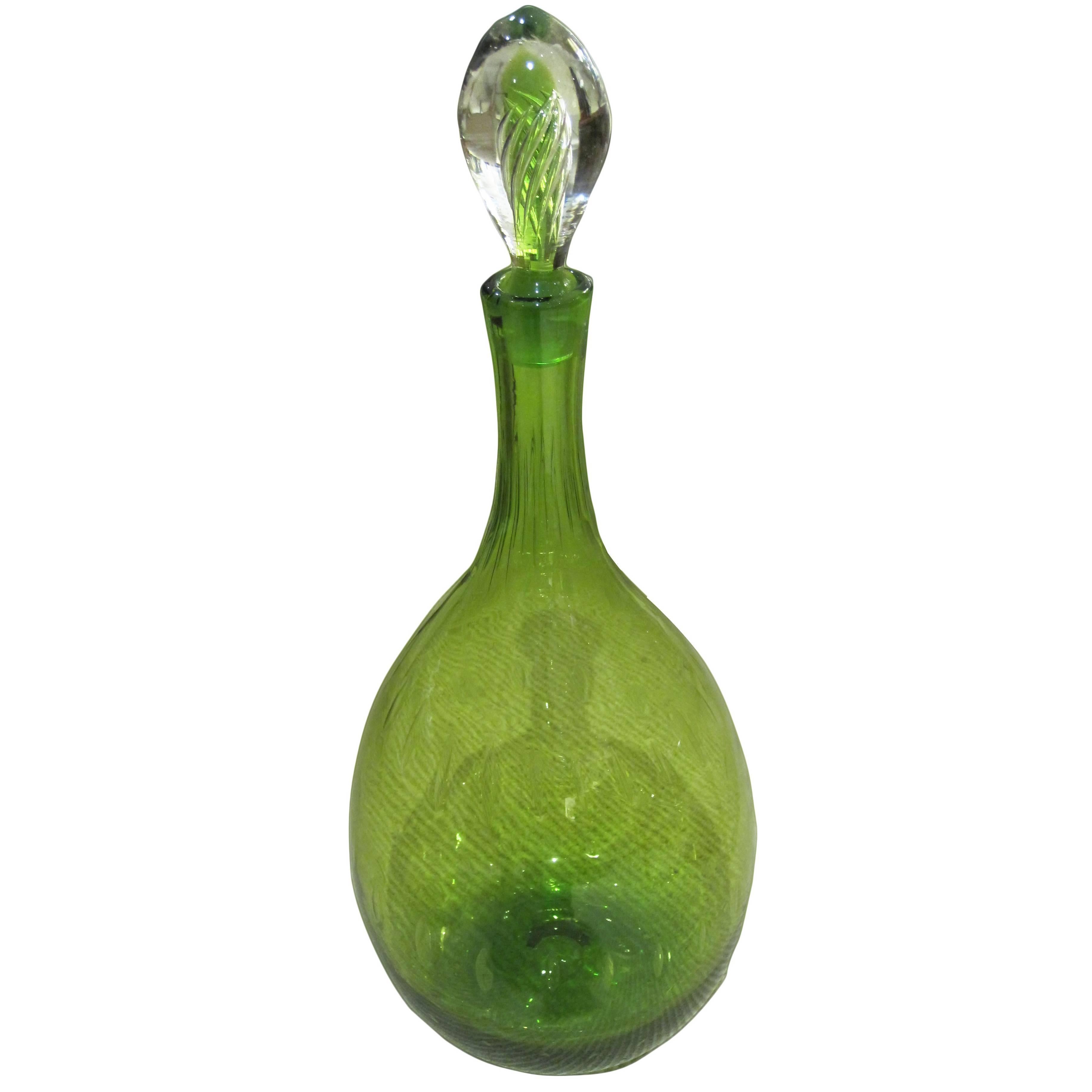 Tall American 1960s Hand-Blown Apple-Green Glass Decanter by Blenko Glassworks For Sale