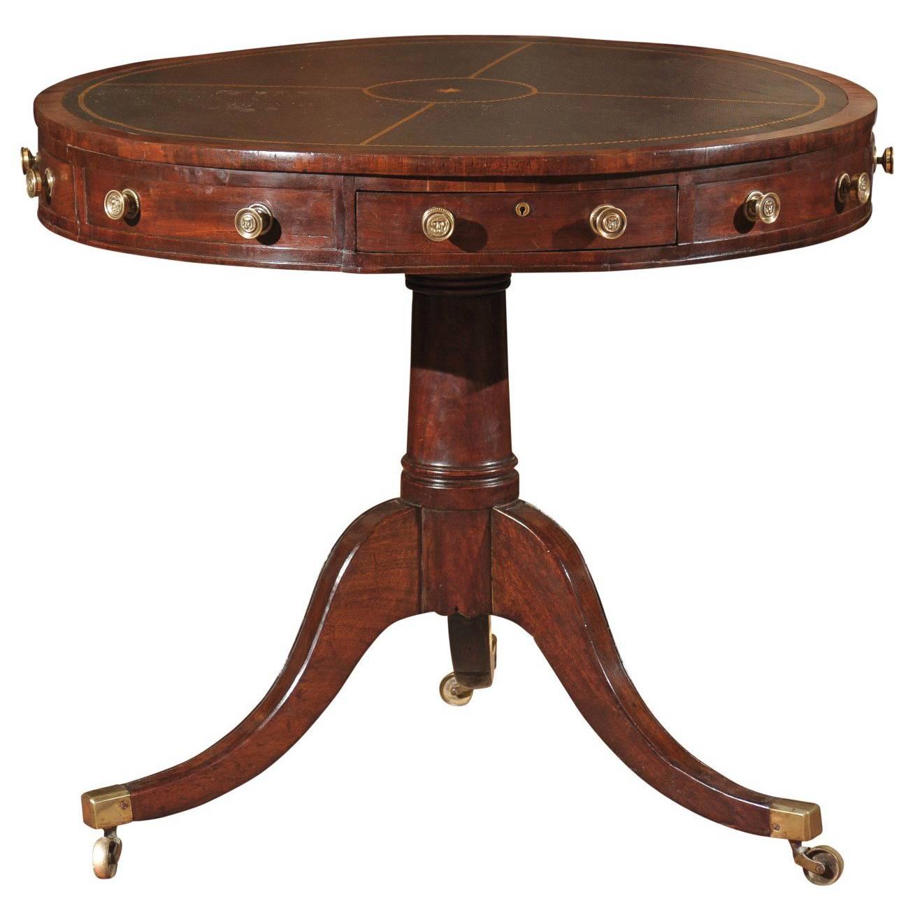 19th Century English Mahogany Drum Table with Leather Top and Pedestal Base