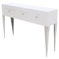 White Lacquer Console Table Cabinet Tall Tempered Legs Bullet Shape Pull 3 Drawe