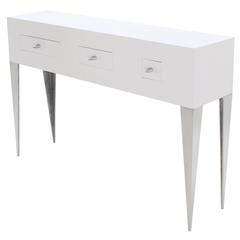 White Lacquer Console Table Cabinet Tall Tempered Legs Bullet Shape Pull 3 Drawe 10