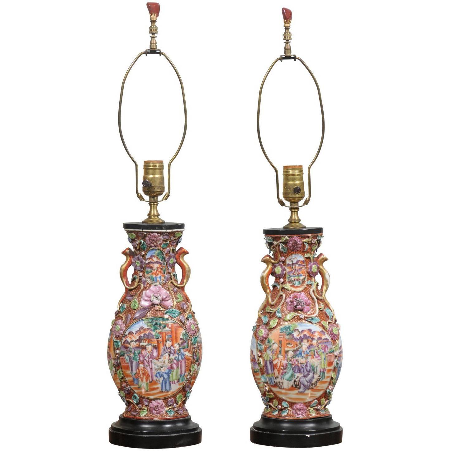 Pair of Antique Rose Mandarin Lamps
