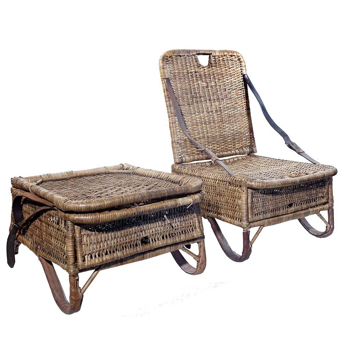 Pair of Folding Wicker Canoe Chairs