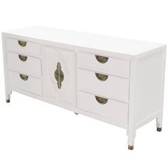 White Lacquer Brass Pulls Mid Century Modern Tripple Dresser 7