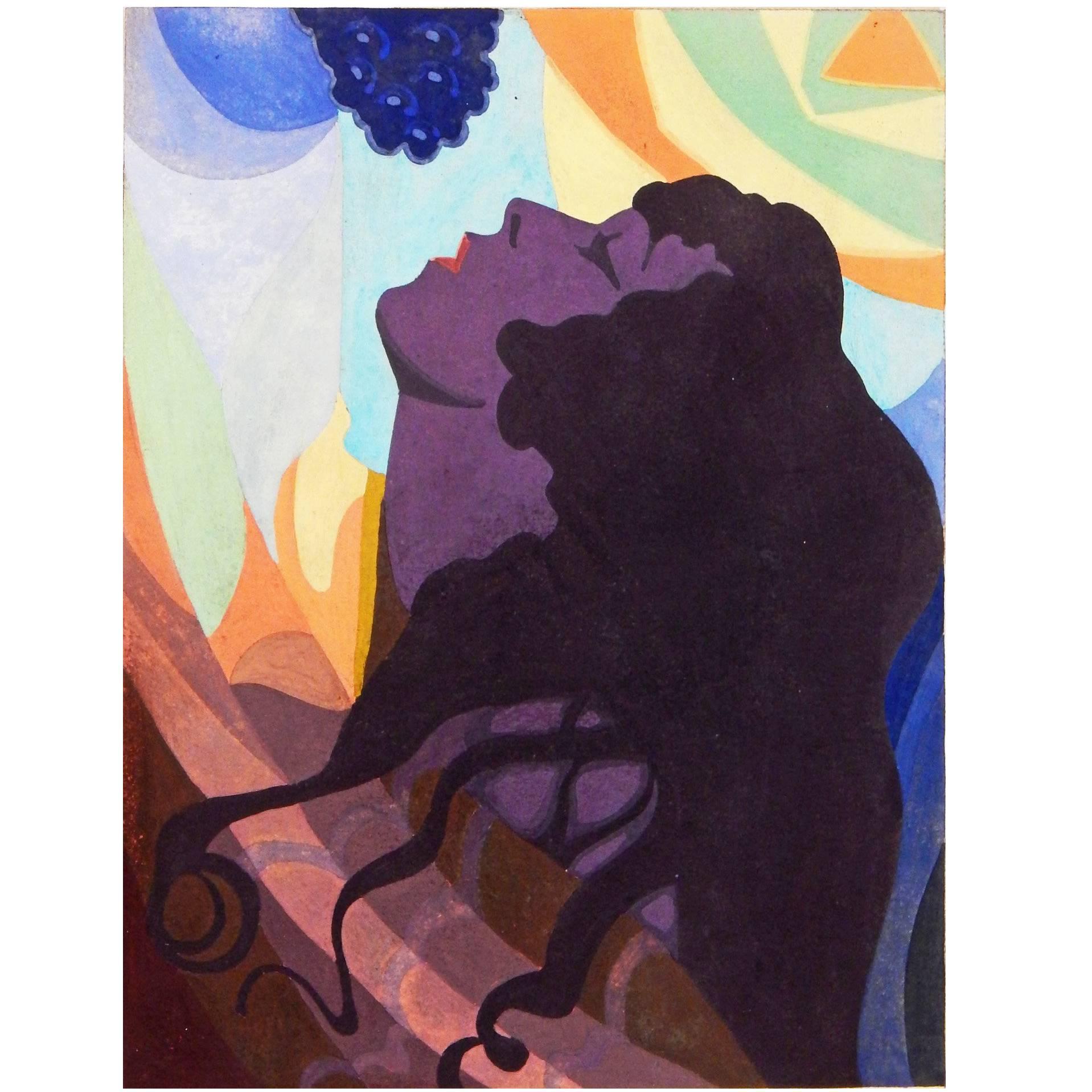 "Bacchante, " Bold, Richly-Hued Art Deco Painting in Purples and Blues For Sale