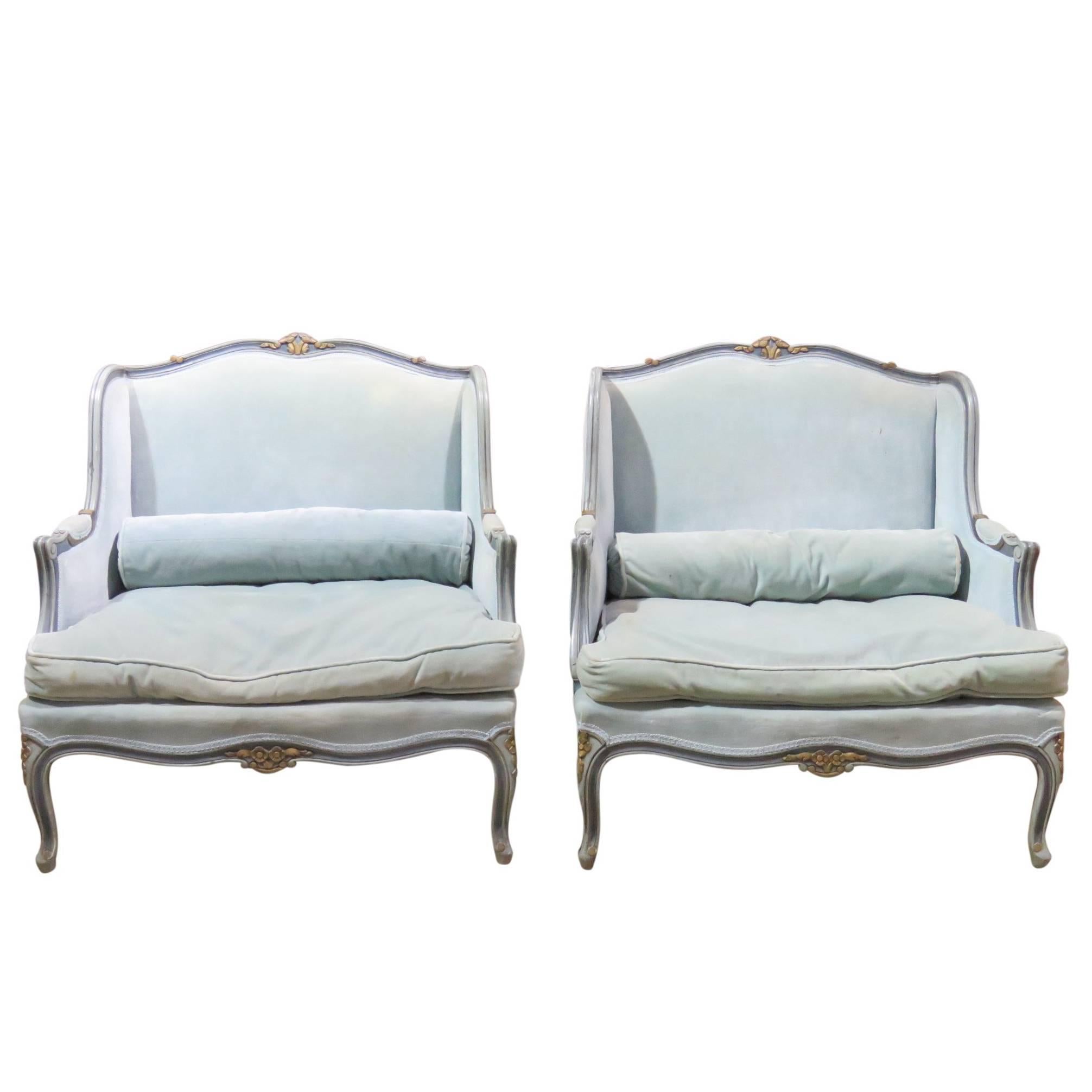 Pair of Louis XVI Style Turquoise Painted and Gilt Oversized Lounge Chairs