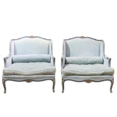 Pair of Louis XVI Style Turquoise Painted and Gilt Oversized Lounge Chairs