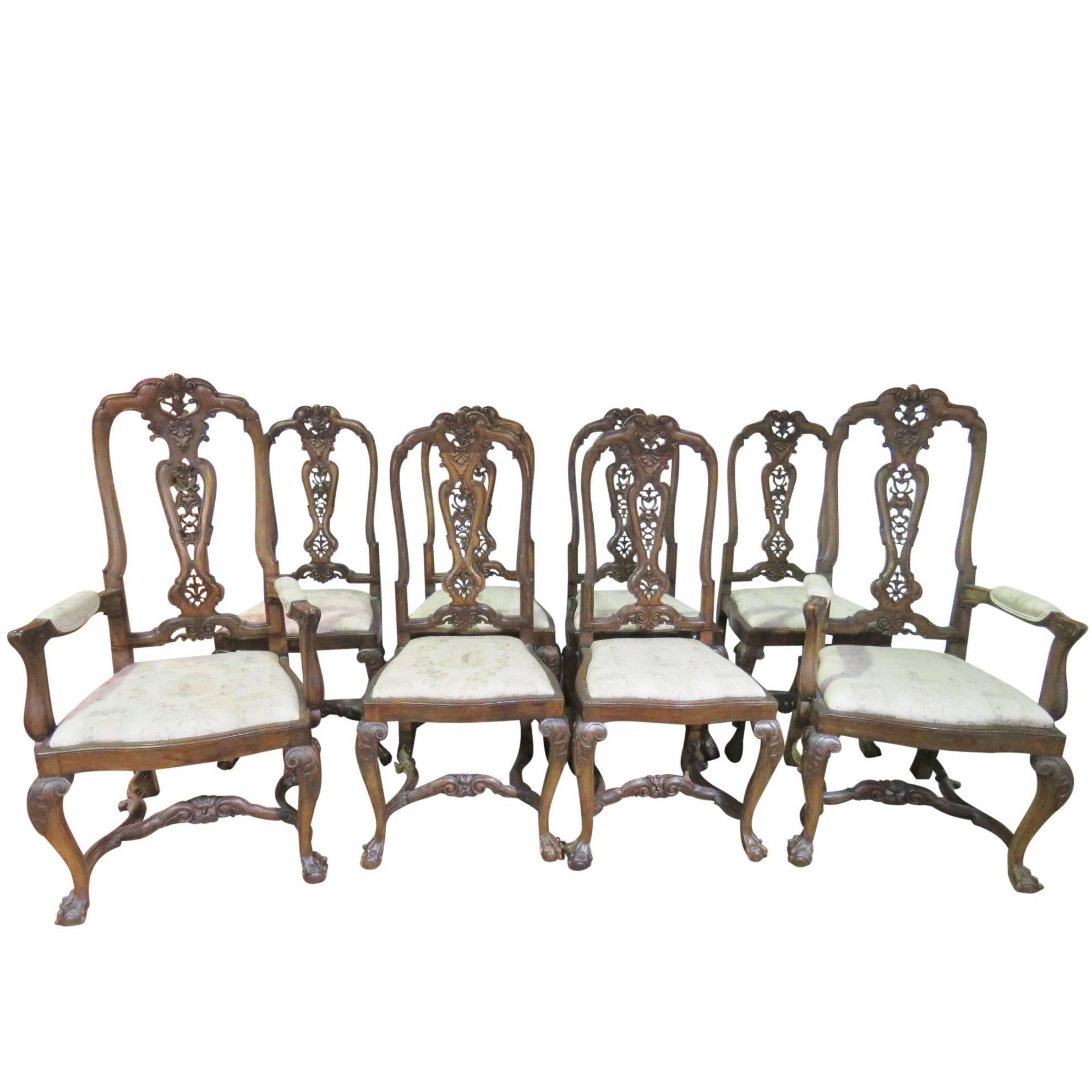 Set Eight Italian Walnut Carved Chippendale Style Dining Chairs