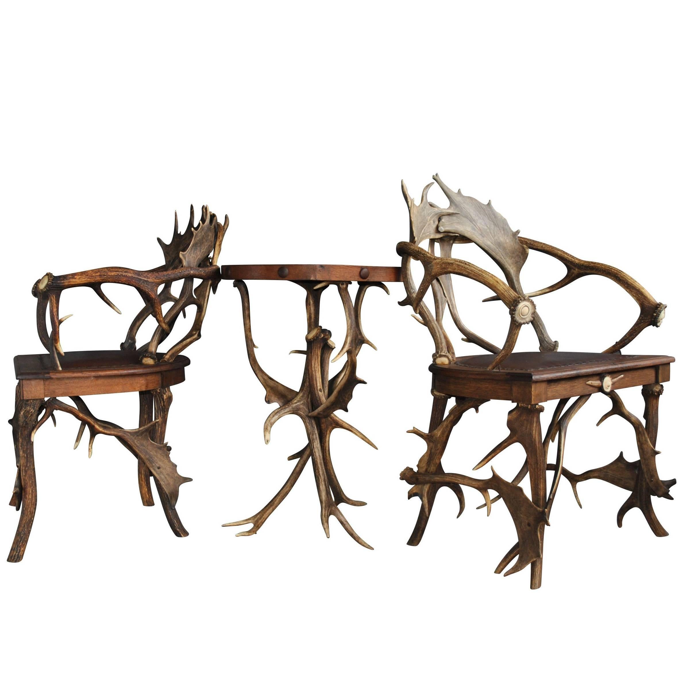 Spectacular Set of Antique Scandinavian Antler Chairs and Table