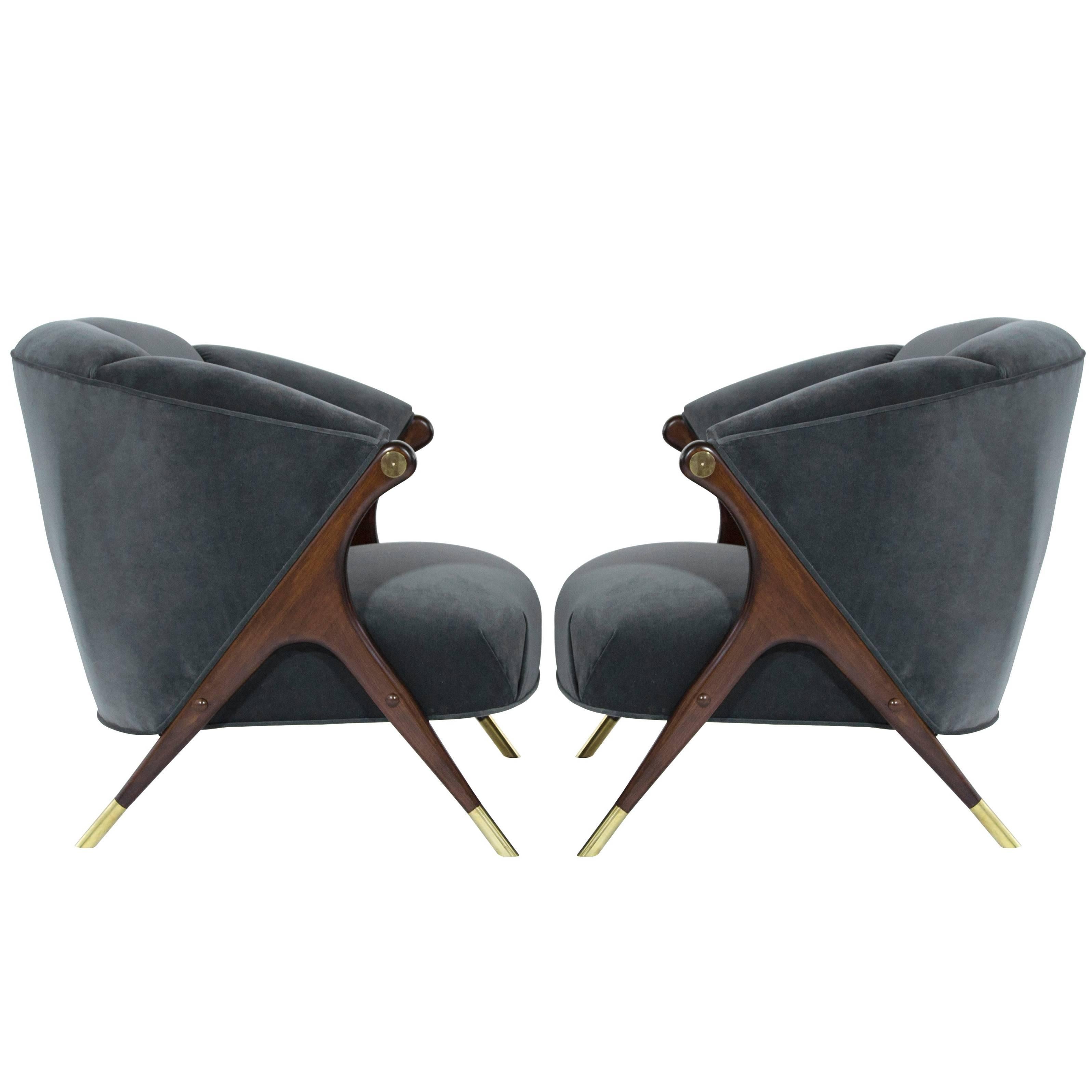 Modernist Karpen Lounge Chairs in Granite Velvet 3