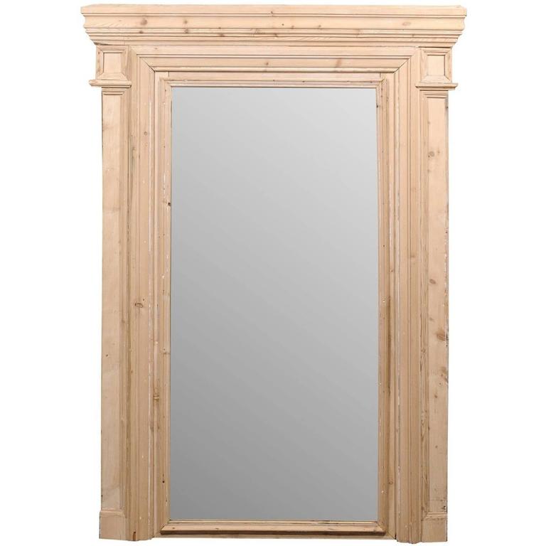 Large French 19th Century Neutral Trumeau Wall Mirror With Natural Wood Finish