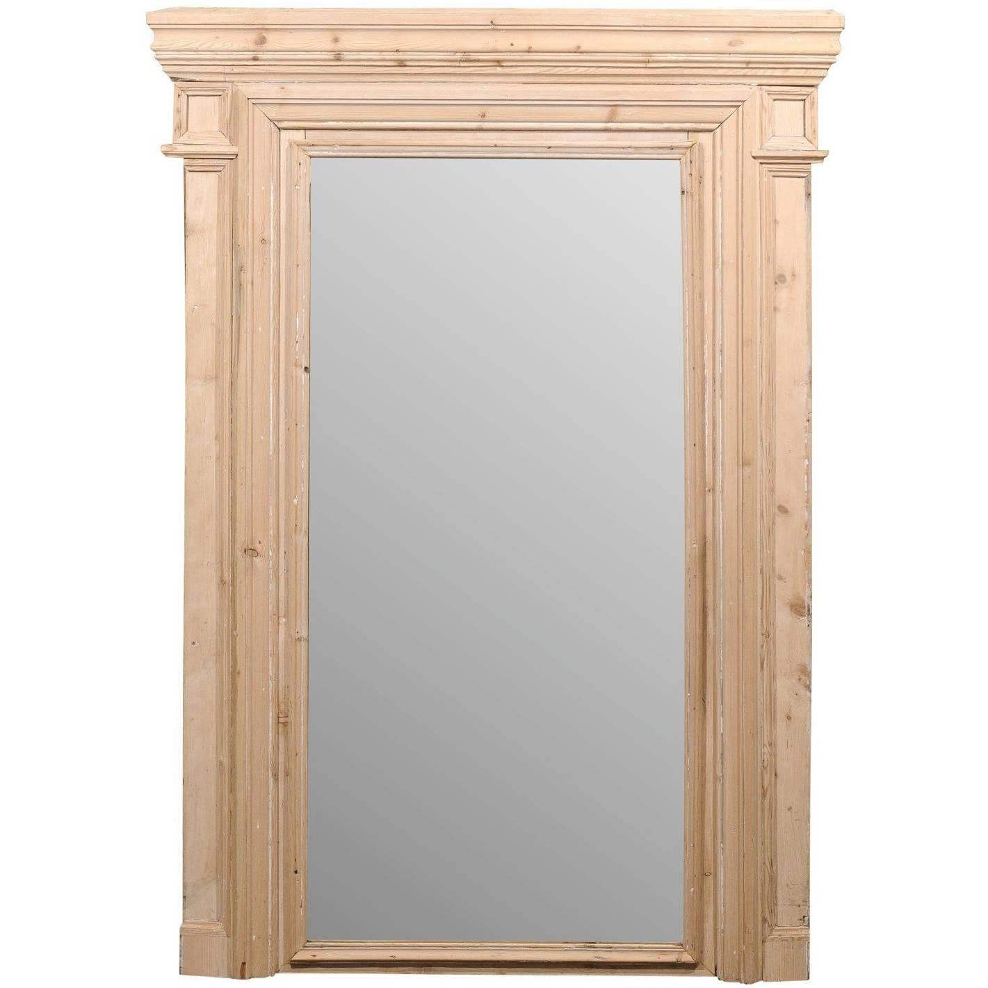 Large French 19th Century Neutral Trumeau Wall Mirror with Natural Wood Finish For Sale