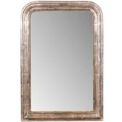 Antique French 19th Century Silver Gilt Medium Size Wall Mirror, Rectangle & Bead Motif