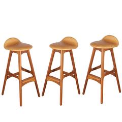 Leather Teak Counter Stool by Erik Buch, Set of 3