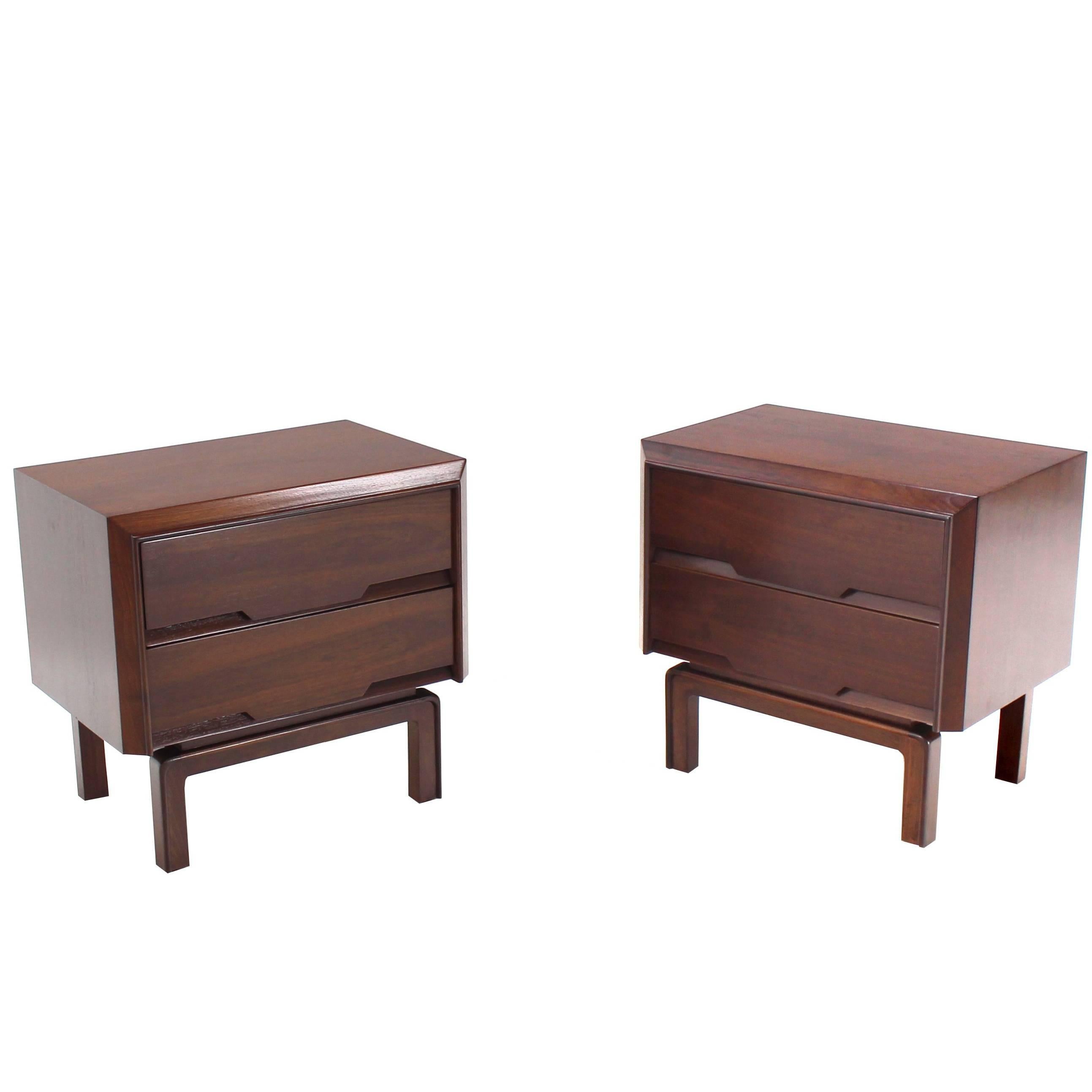 Pair of Danish Mid Century Modern Walnut End Tables Two Drawer Stands For Sale