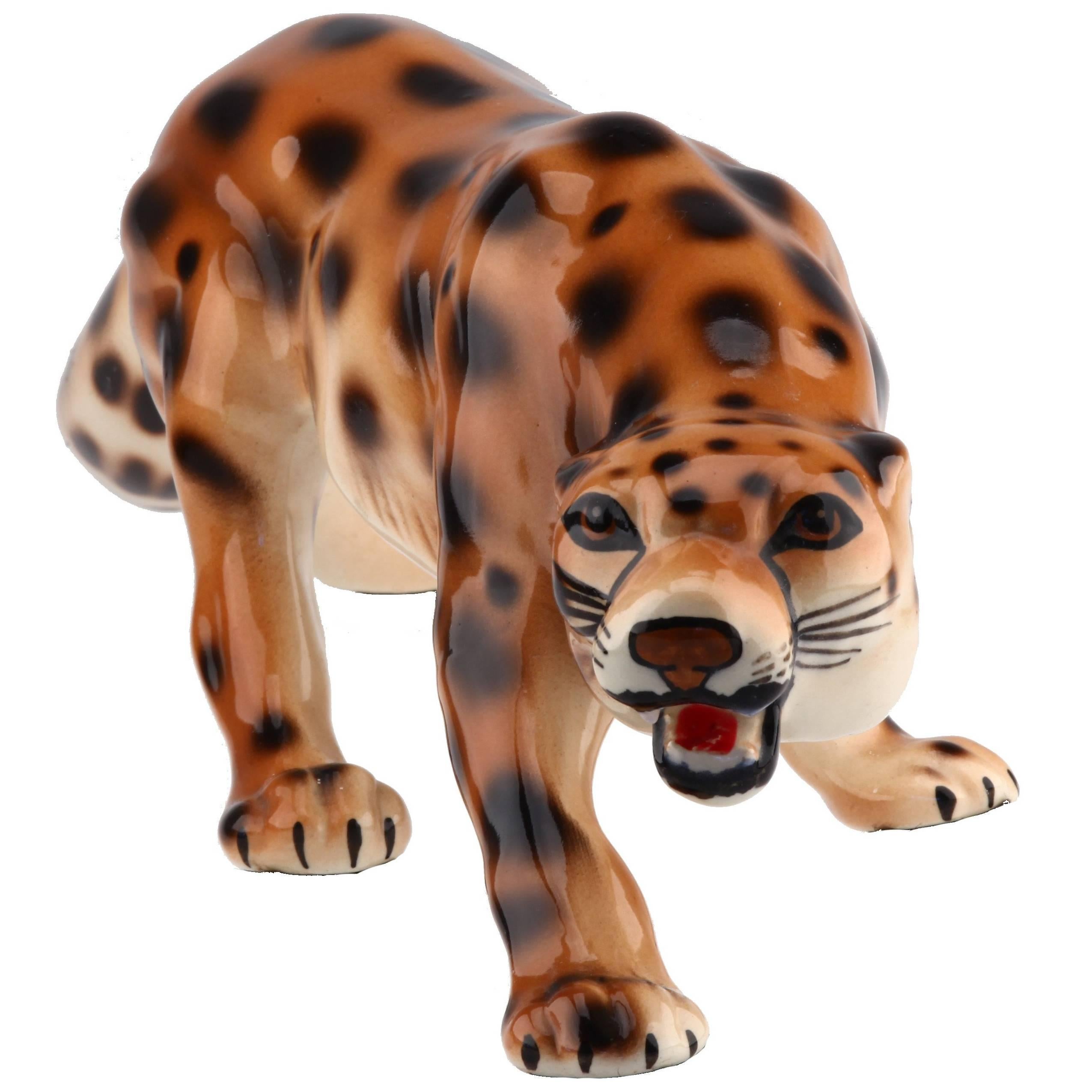 Mid-Century Modern Italian Cheetah Stalking Big Cat Sculpture For Sale