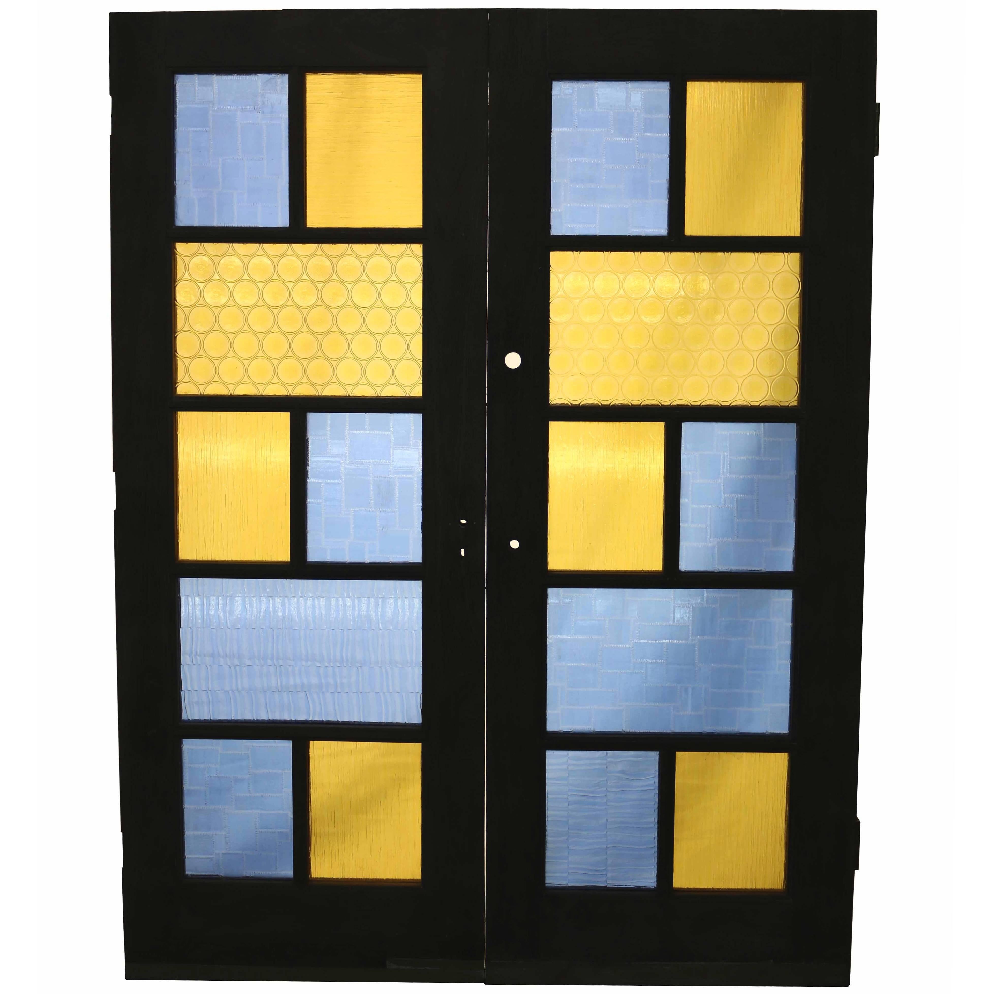 Pair of Rare 1960s Coloured and Textured Glass Double Doors