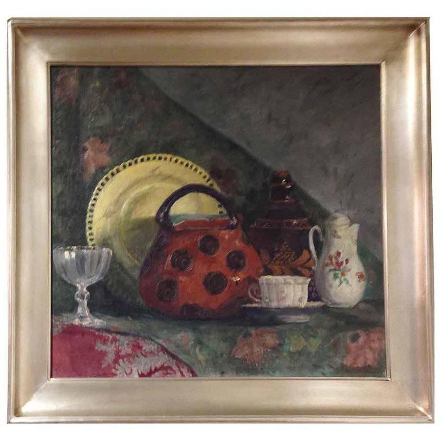 Still Life painting with Red Teapot, Plate and Cup For Sale