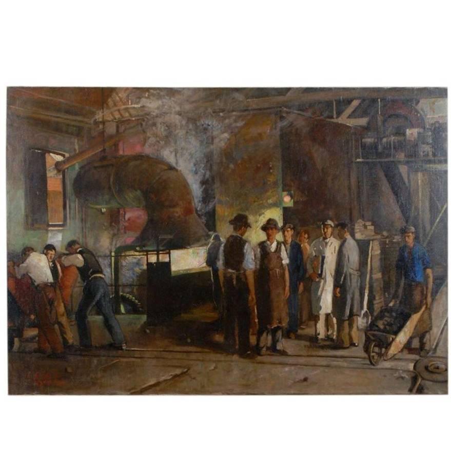 Oil on Canvas of Iron Workers in Factory by Francois Gall, Impressionist