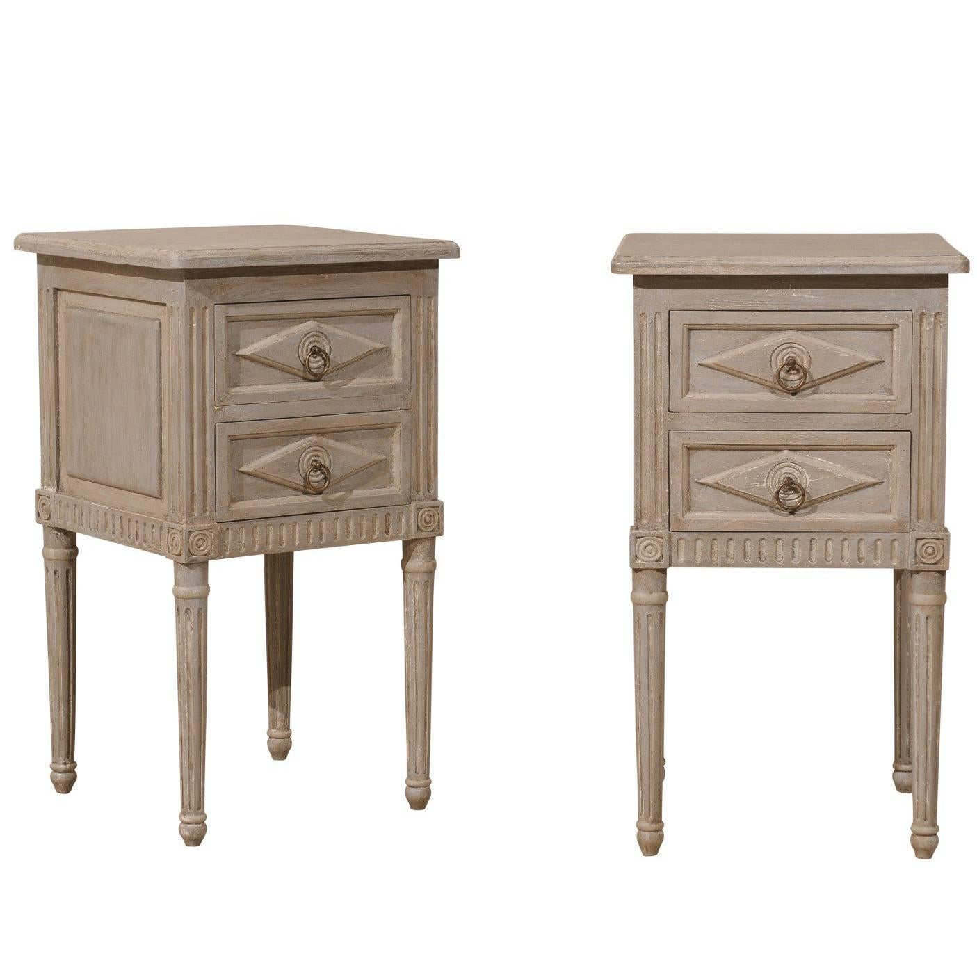 Pair of Small Sized Two-Drawer Painted Wood Nightstand Tables in Neutral Grey