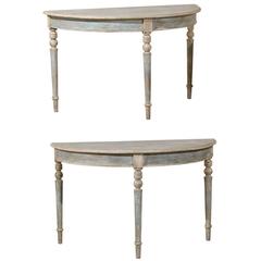 Pair of Swedish Painted Wood Demilunes in Blue, Grey and Beige Color