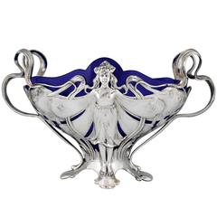 Art Nouveau silvered flower dish with nymph blue glass liner WMF 1906