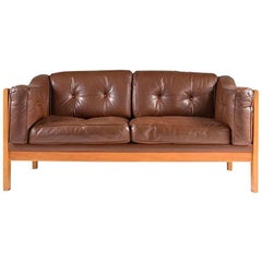 Swedish Oak and Brown Leather Sofa "Monte Carlo", 1965