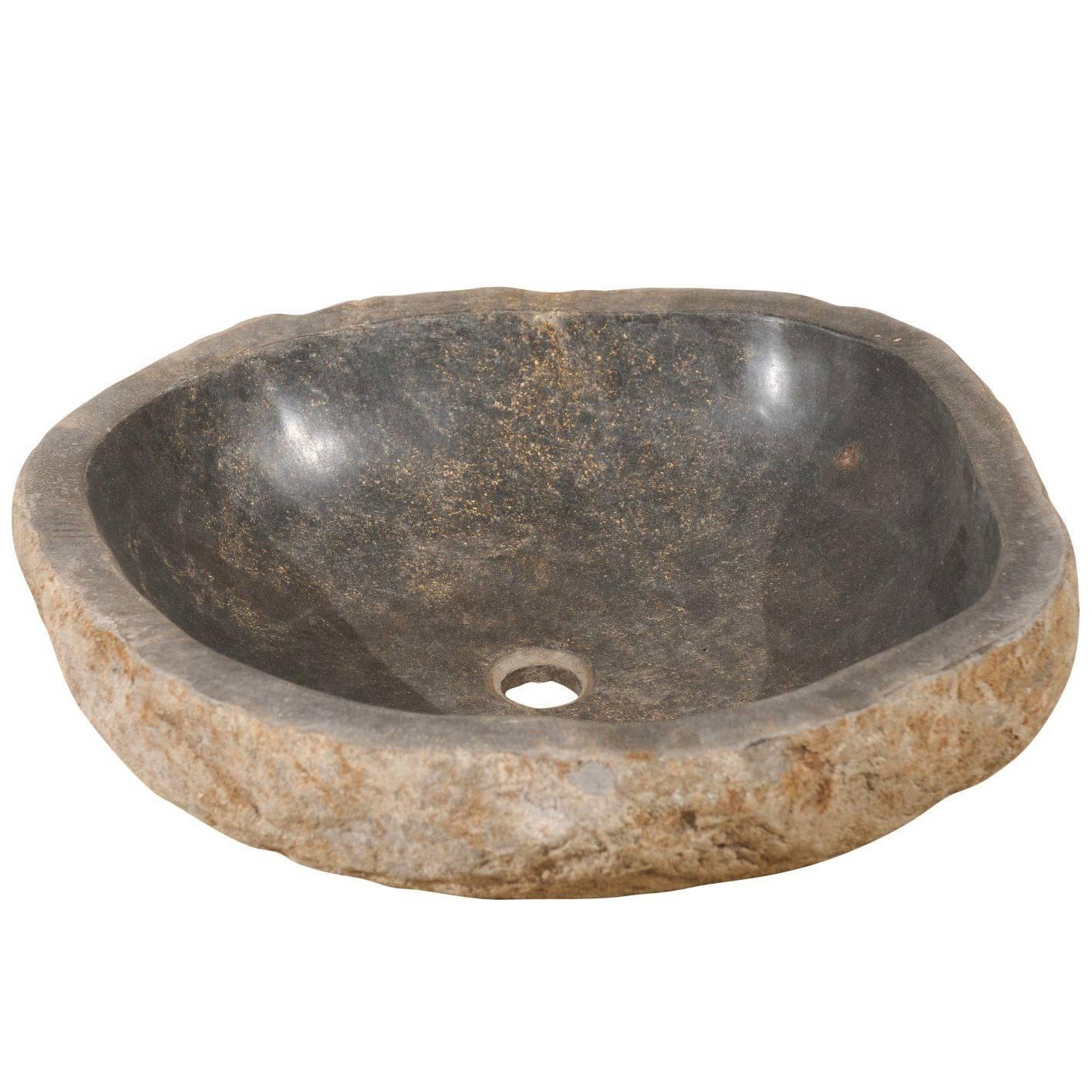Sink Made from a River Rock / Boulder with Polished Black Interior, Tan Exterior