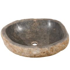 Vintage Sink Made from a River Rock / Boulder with Polished Black Interior, Tan Exterior