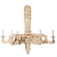 French Vintage Carved Wood Six-Light Chandelier, in a Soothing Neutral Palette