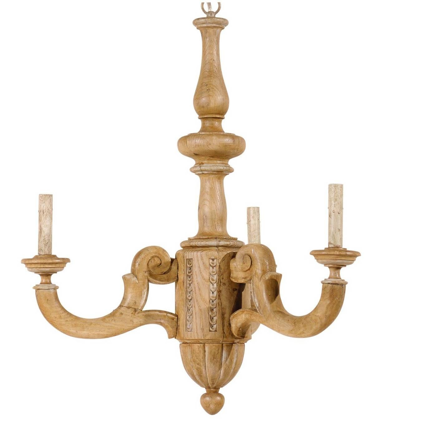 French Small Three-Light Natural Wood Chandelier in Warm Tan Wood Color
