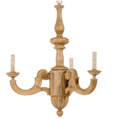 French Small Three-Light Natural Wood Chandelier in Warm Tan Wood Color
