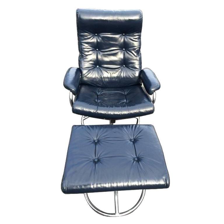 Leather Plycraft Recliner Lounge Chair and Ottoman in Blue at 1stDibs