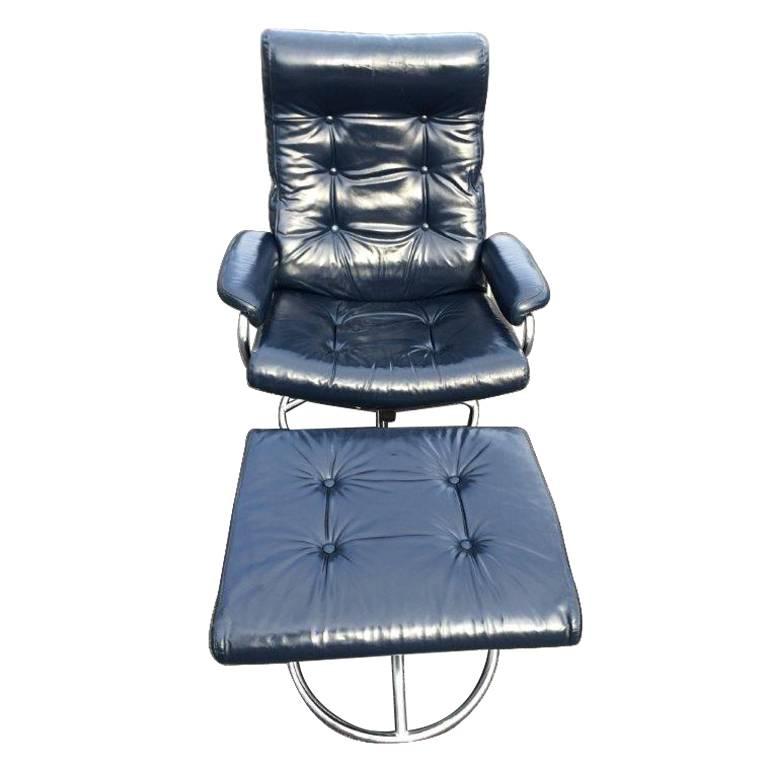 Leather Plycraft  Recliner Lounge Chair and Ottoman in Blue