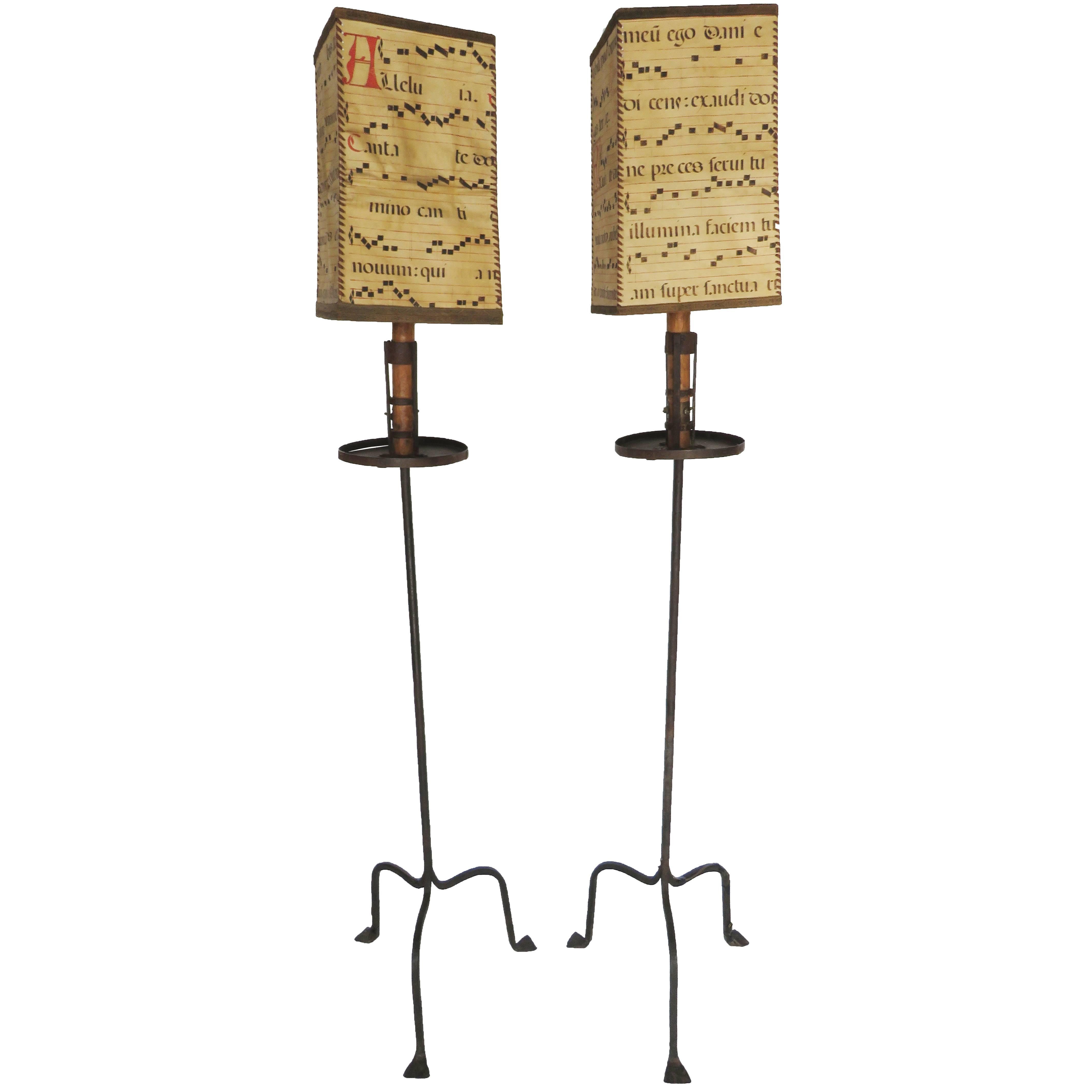 19th Century Pair of Hand-Wrought Iron Floor Lamps with Parchment Shades For Sale