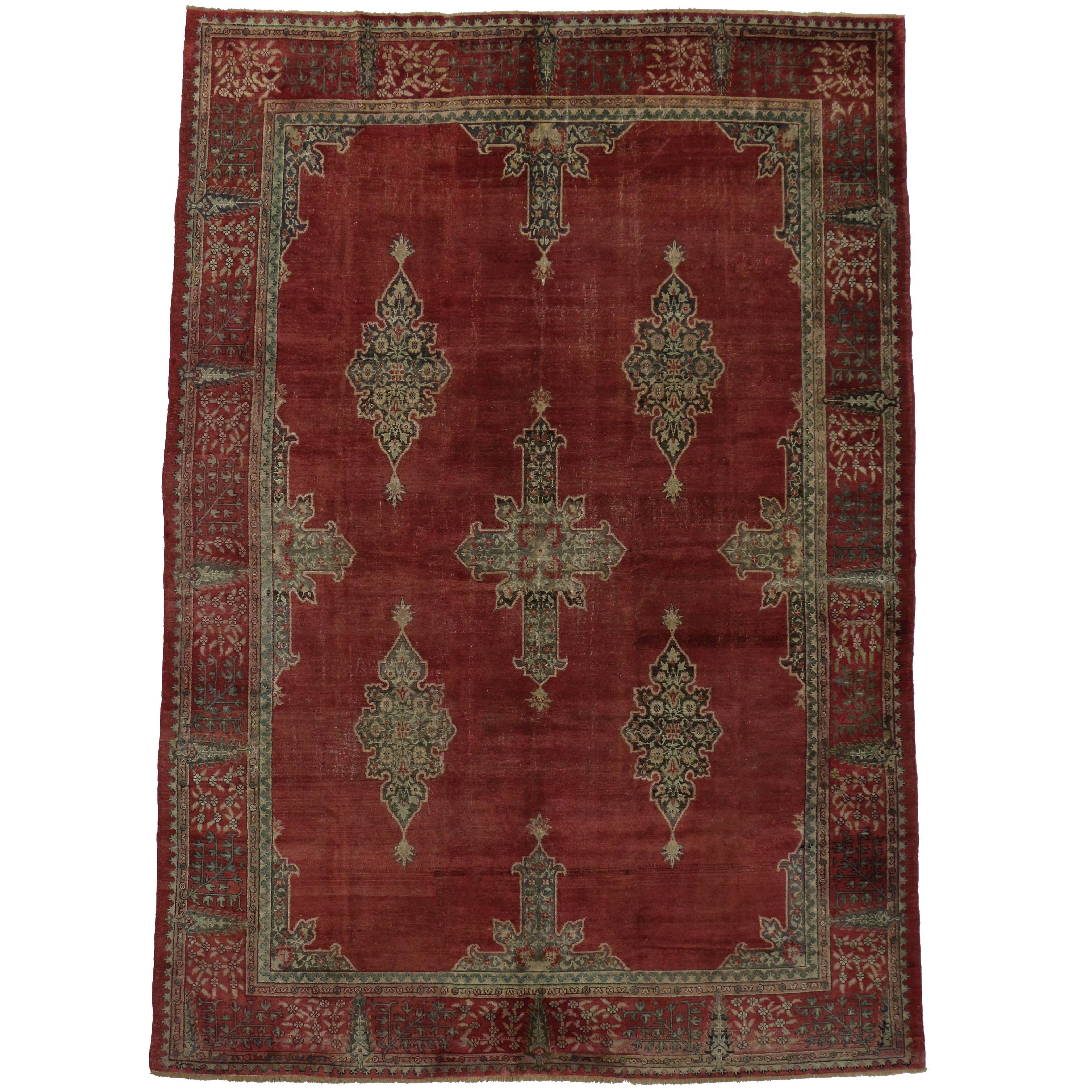 Distressed Vintage Turkish Oushak Rug with Rustic Jacobean Style For