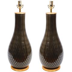 Pair of Contemporary Black Murano Glass Drop Lamps with Spun Gold Detail