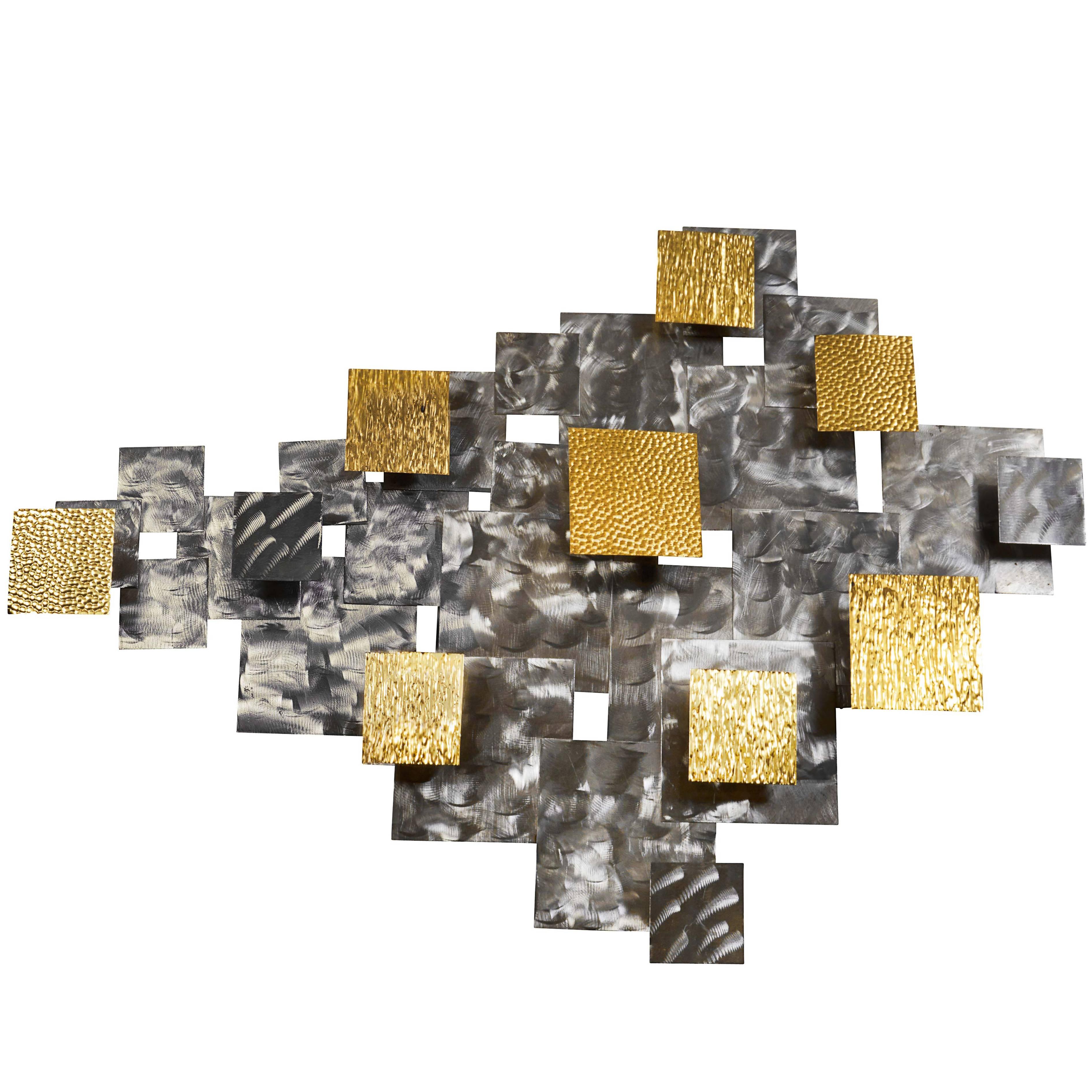 Curtis Jere Style Brutalist Geometric Wall Sculpture in Steel and Brass