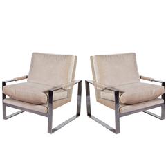 Pair of Milo Baughman Velvet Lounge Chairs on Cube Chromed Steel Frames 5