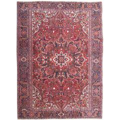 Vintage Heriz Persian Rug with Stylized Geometric Medallion in Red 
Denim Blue