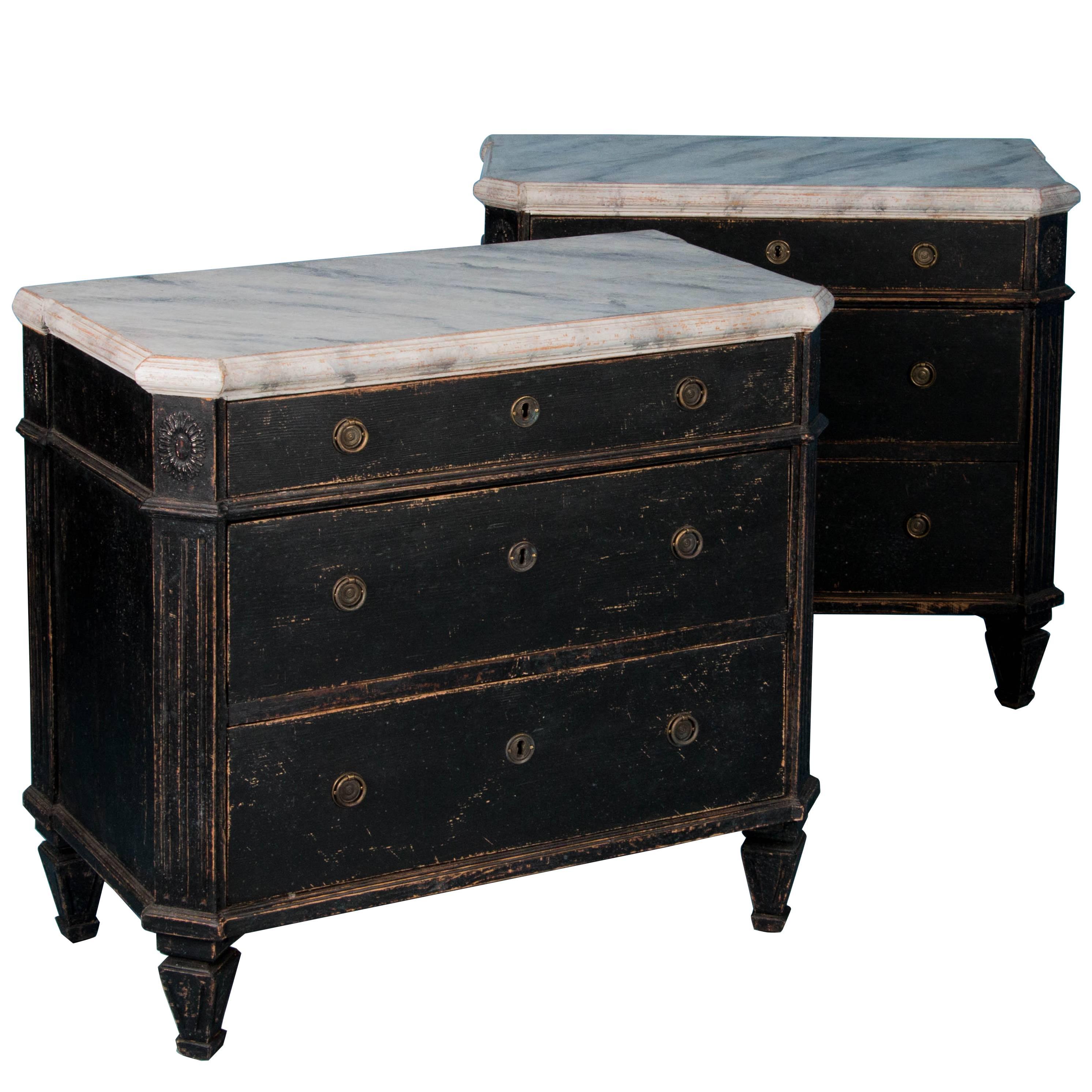 Pair of Small Antique 19th Century Swedish Black Chest of Drawers
