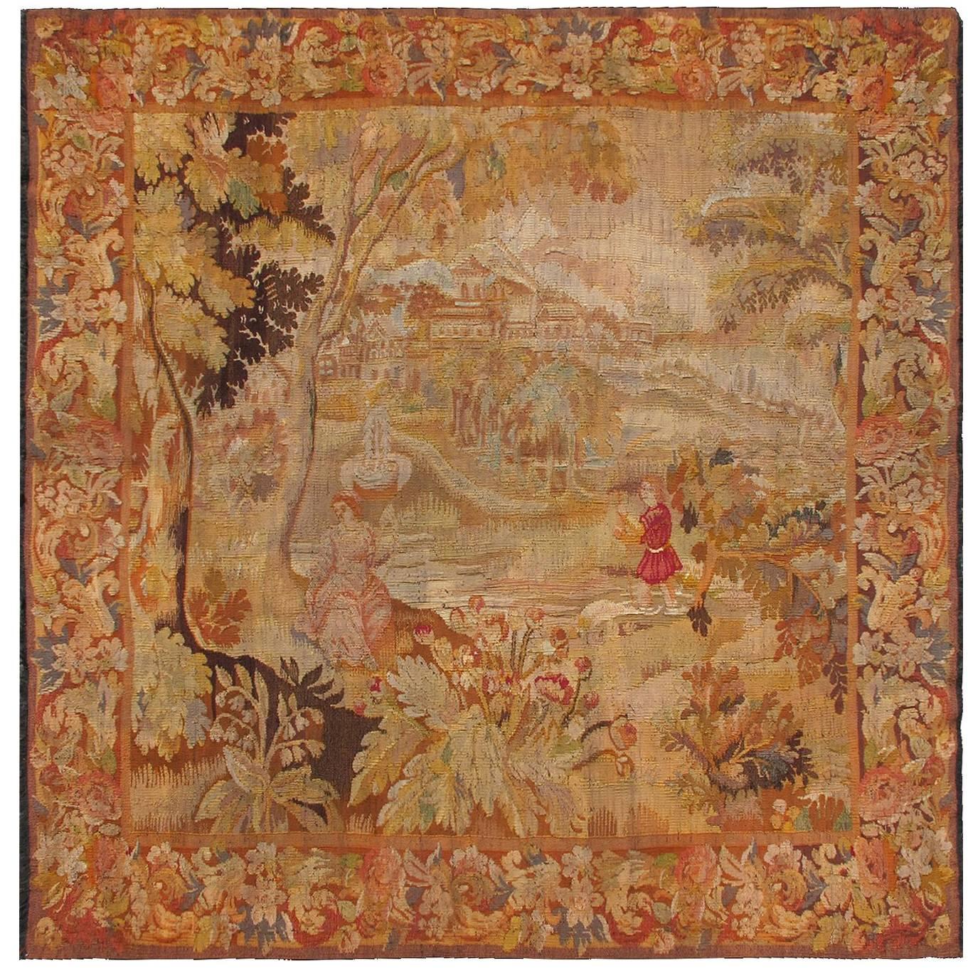 French Tapestry with Richly Decorative Flora Border and Waterfront Scene