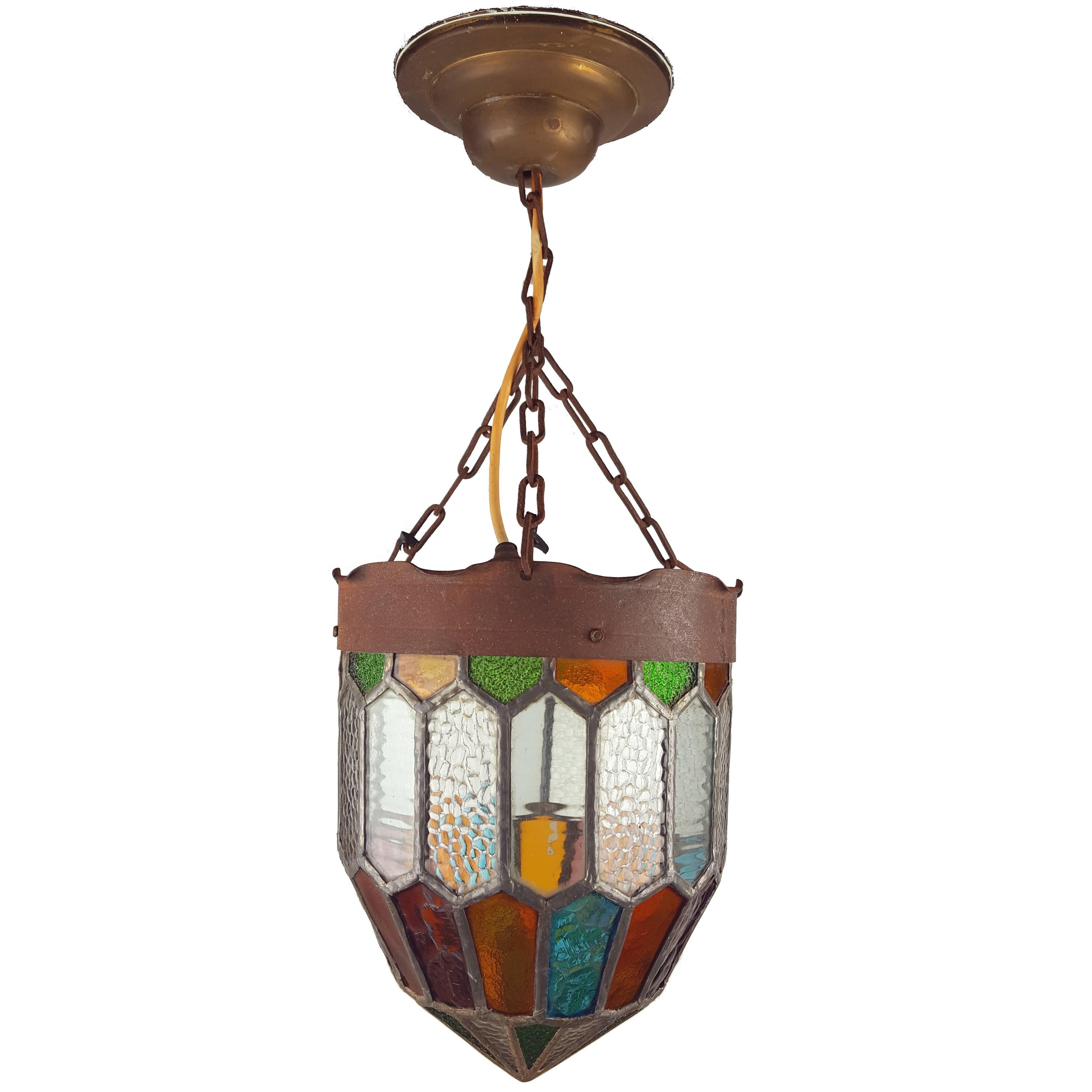 Gothic Style Chandelier or Light Fixture Colored Stained Glass Hanging Lantern For Sale
