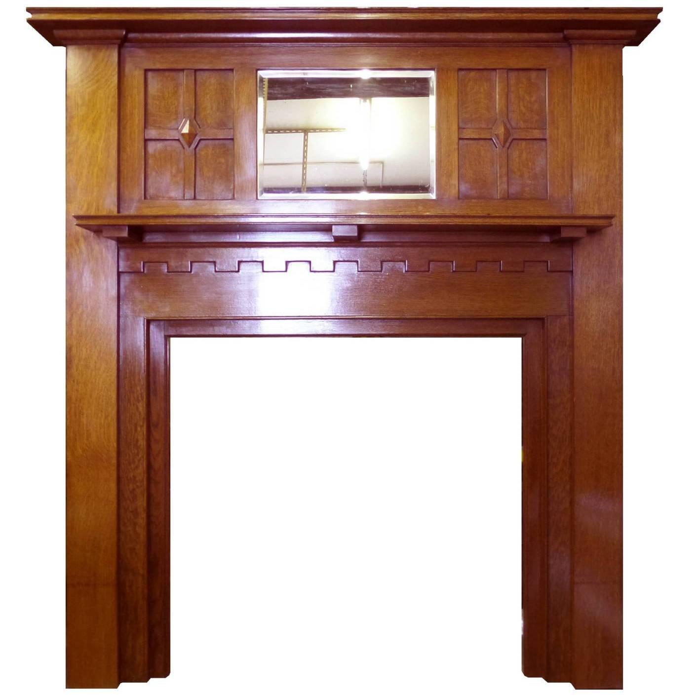 20th Century Edwardian Arts and Crafts Oak Mantel Fireplace Surround and Mirror For Sale