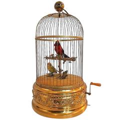 Ancienne boîte à musique automatique Bontems à cage mécanique à oiseaux chantant