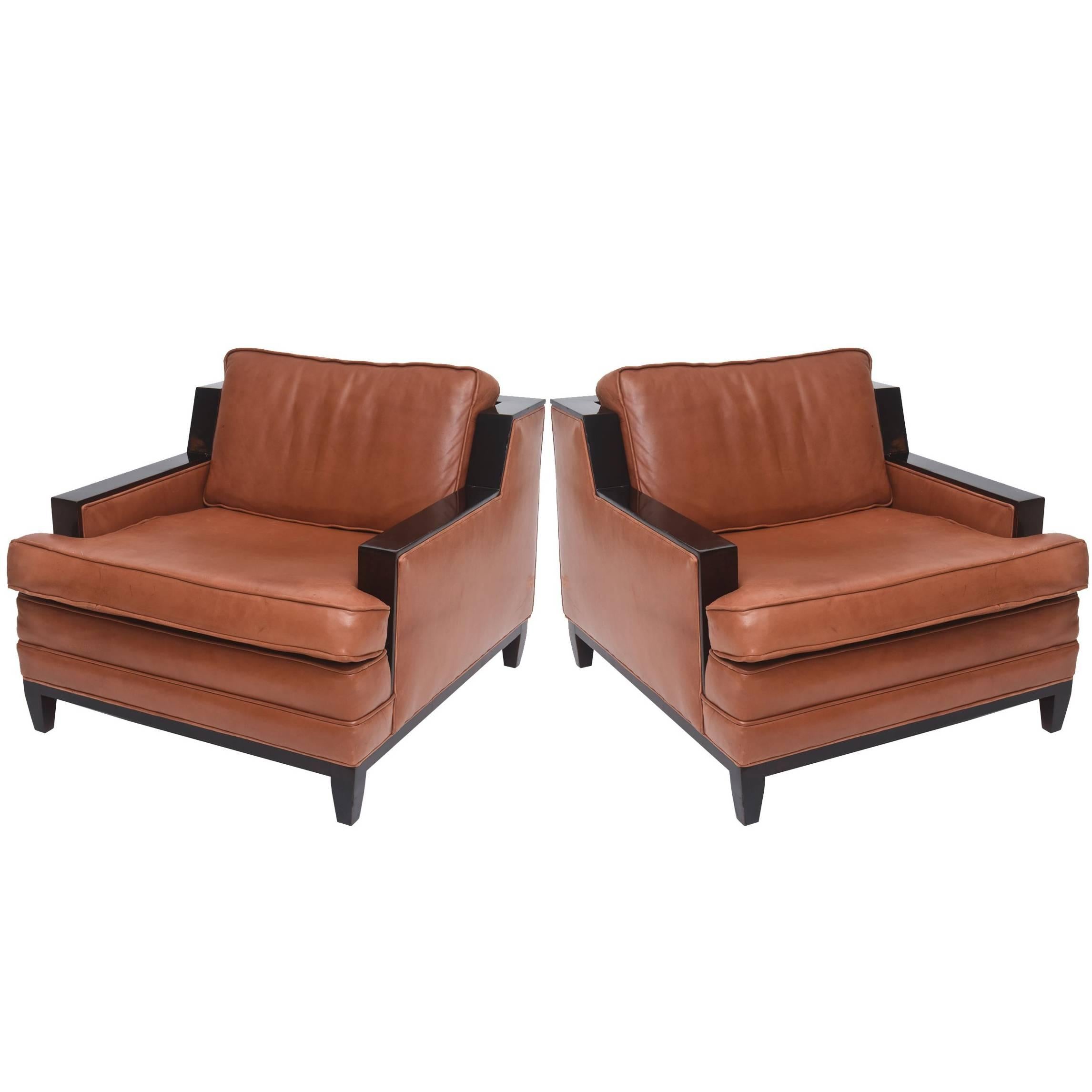 Pair of French Modern Leather Club Chairs Attributed to Jacques Adnet, 1940s