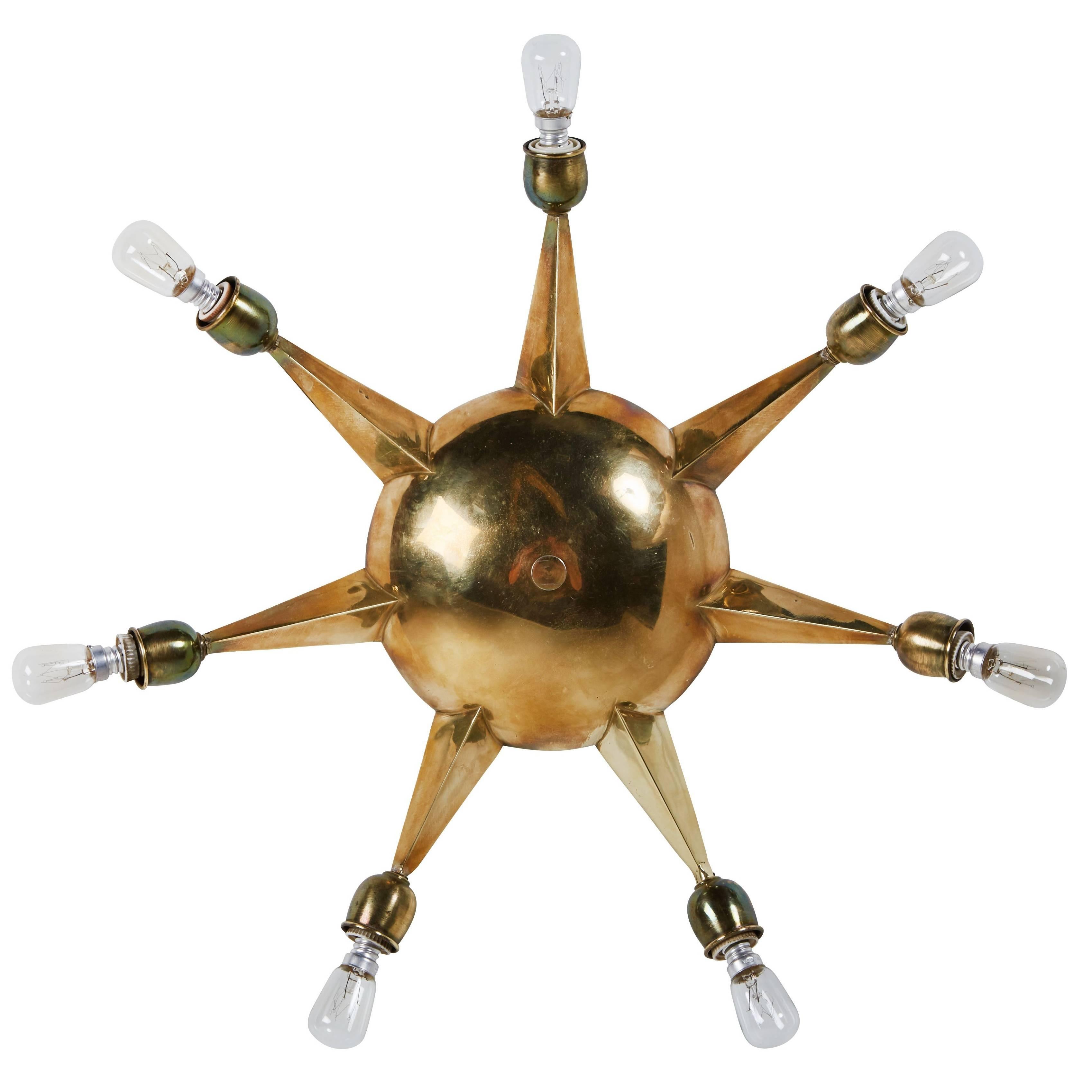 Italian Seven-Arm Brass Flush Mount Ceiling Light