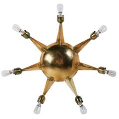 Italian Seven-Arm Brass Flush Mount Ceiling Light