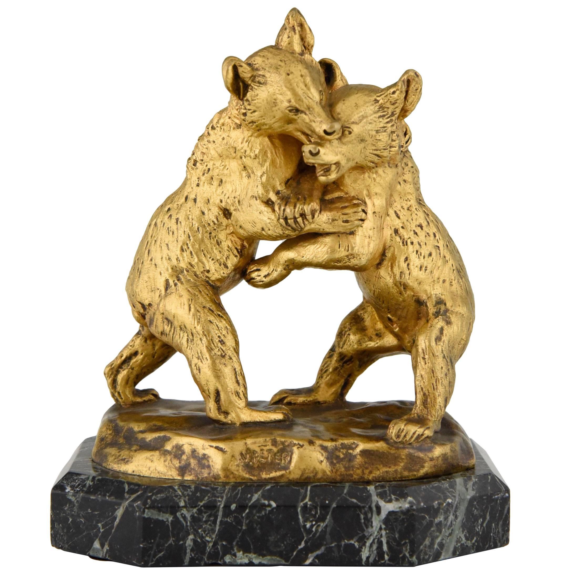 Antique Bronze sculpture of Two Young Bears Playing by Victor Peter
