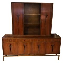 Midcentury Edmond J. Spence Stilted Walnut Credenza or Sideboard with Hutch 1