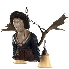 Antique Two-Light German Lüsterweibchen with a Polychrome Carved Woman